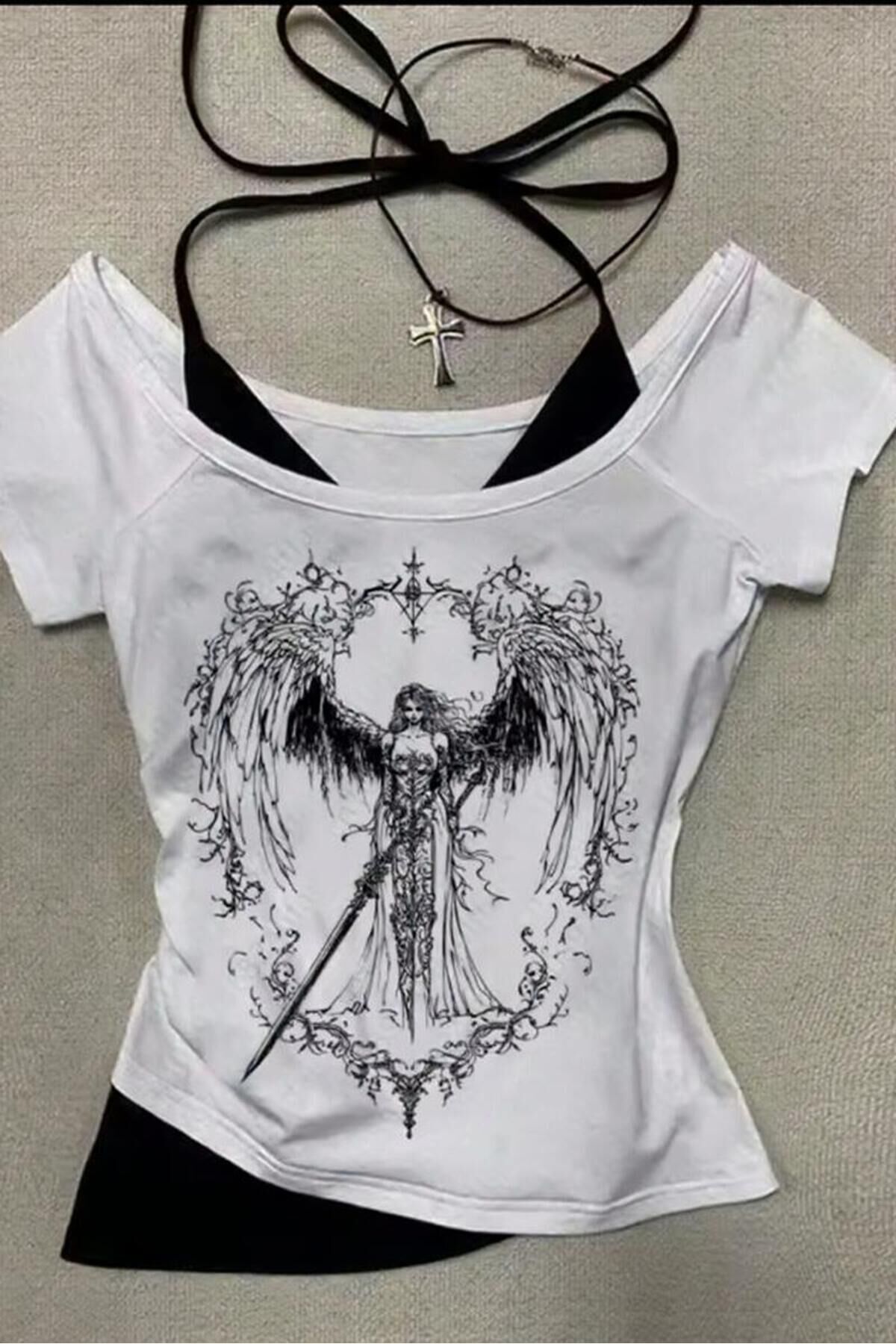 Beyaz Sword Warriror Angel Madonna Yaka Ek Askılı Kısa Kollu Full Body Crop Tişört Beyaz - XS