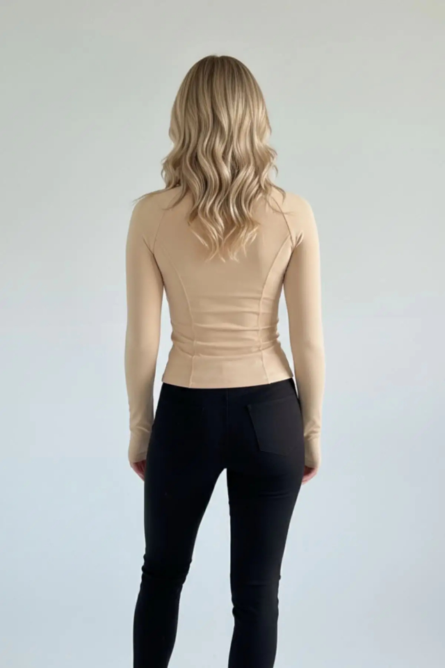 Bej Cepli Mom Parmak Delikli Basic Slim Fit Range Rover Street Y2K Crop Hırka