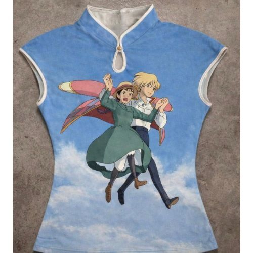 Mavi Anime Ghibli Vintage Y2K Kısa Kollu Crop