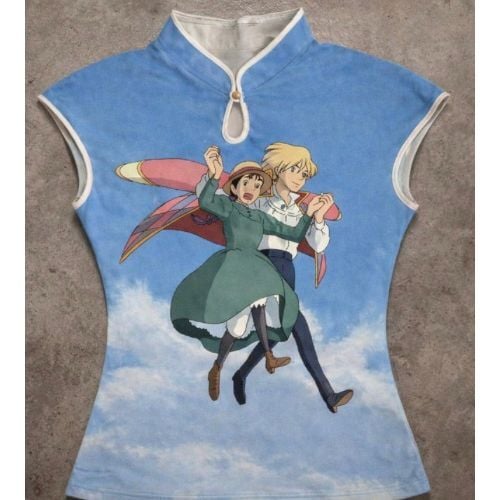 Mavi Anime Ghibli Vintage Y2K Kısa Kollu Crop