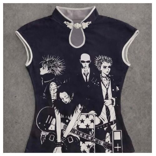 Siyah Anime Nana Qipao Vintage Y2K Kısa Kollu Crop