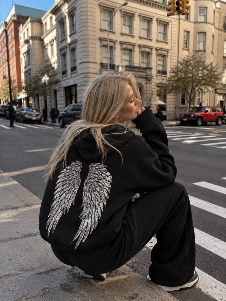 Sabduedd siyah silver kanatlı Oversize viral 2iplik sweatshirt
