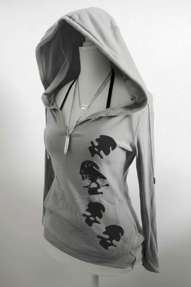 Füme Grunge Skull Gotik Kapüşonlu Uzun Kollu Crop Hırka Gri - XS