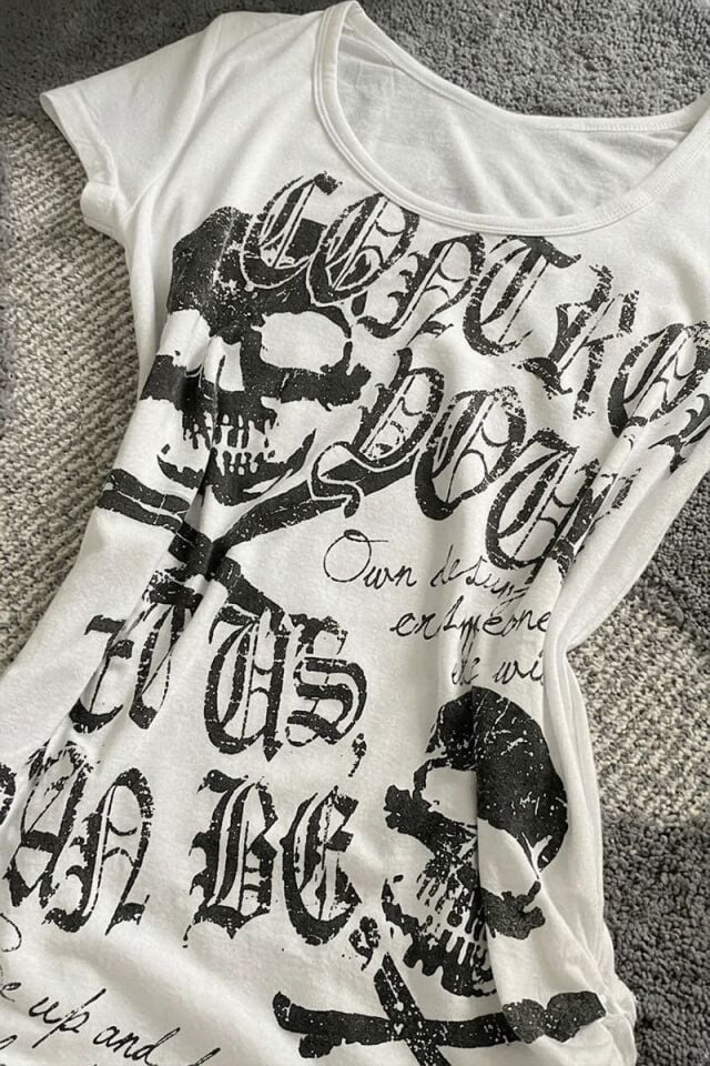 Beyaz Gotik Skulls Control Geniş Yaka Y2K Kısa Kollu Crop