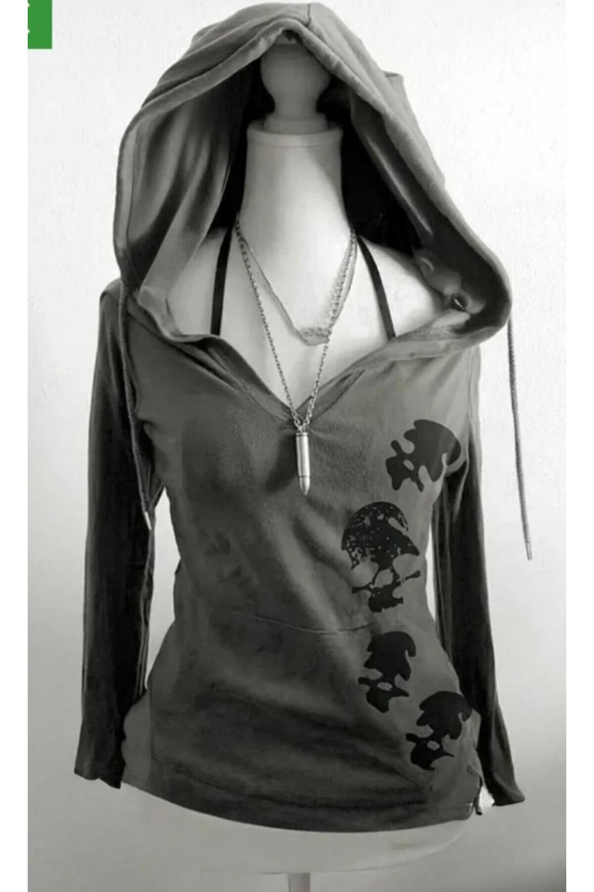 Füme Grunge Skull Gotik Kapüşonlu Uzun Kollu Crop Hırka Gri - S