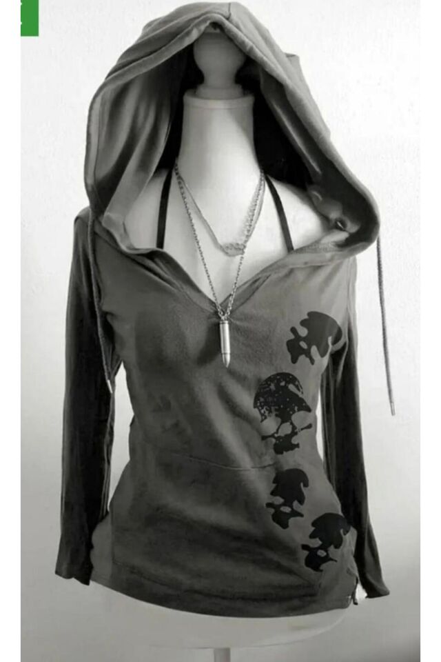 Füme Grunge Skull Gotik Kapüşonlu Uzun Kollu Crop Hırka Gri - S