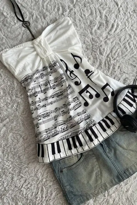 Beyaz Nota Desenli Piano Detaylı Y2K Straplez Crop